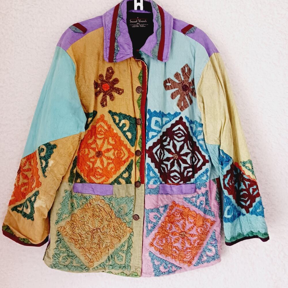 Jacket Women Sacred Threads Hand Dyed Button-Up Boho Patchwork Quilt Lined Sz M